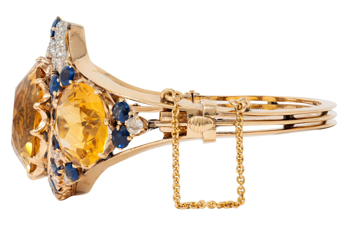 Edwardian Citrine Sapphire Diamond Platinum 14K Gold Antique Bow Bangle Bracelet