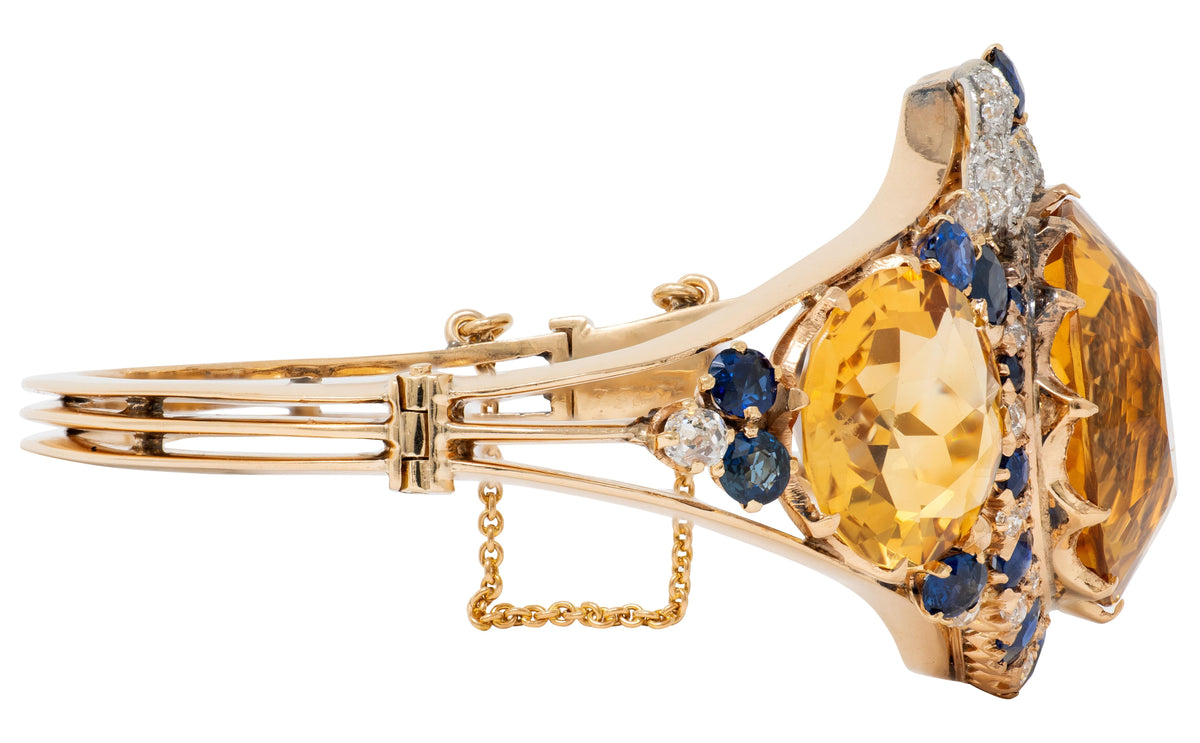 Edwardian Citrine Sapphire Diamond Platinum 14K Gold Antique Bow Bangle Bracelet
