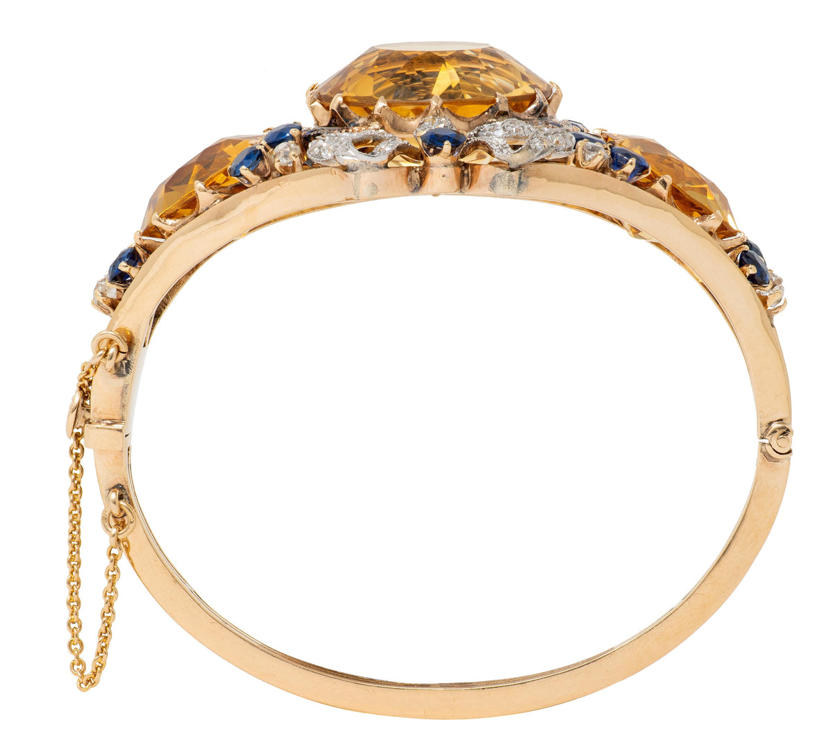 Edwardian Citrine Sapphire Diamond Platinum 14K Gold Antique Bow Bangle Bracelet