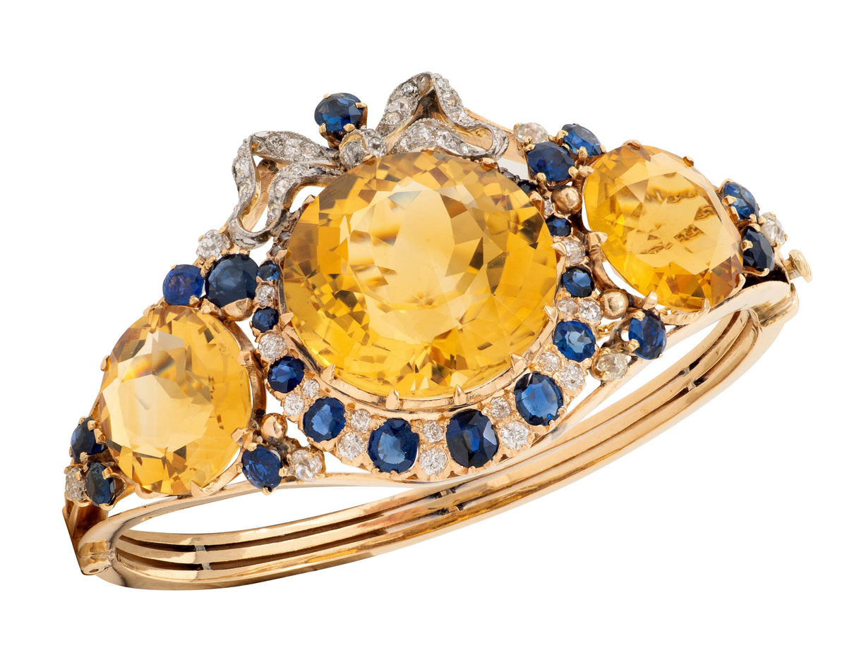 Edwardian Citrine Sapphire Diamond Platinum 14K Gold Antique Bow Bangle Bracelet