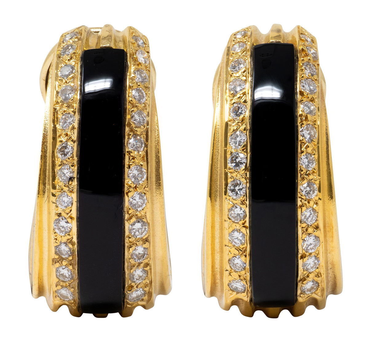1980's Diamond Onyx 18 Karat Yellow Gold Vintage J-Hoop Ear-Clip Earrings