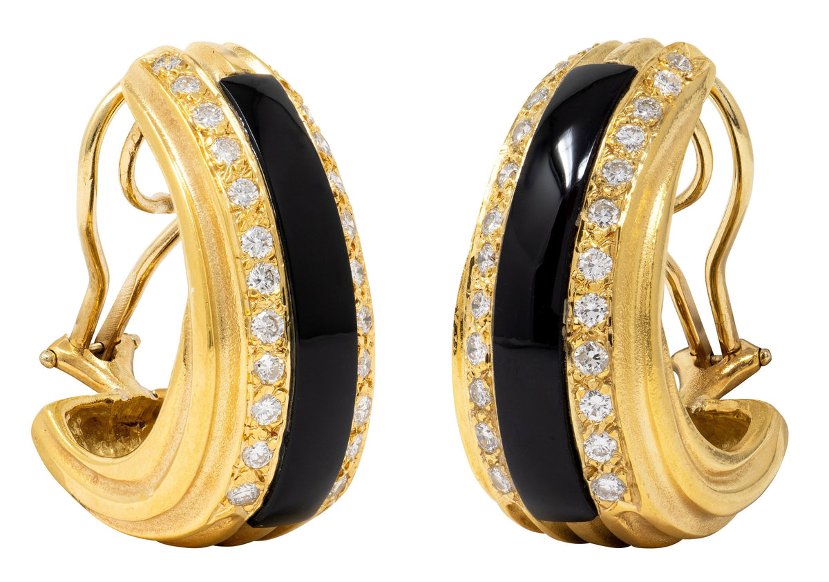 1980's Diamond Onyx 18 Karat Yellow Gold Vintage J-Hoop Ear-Clip Earrings