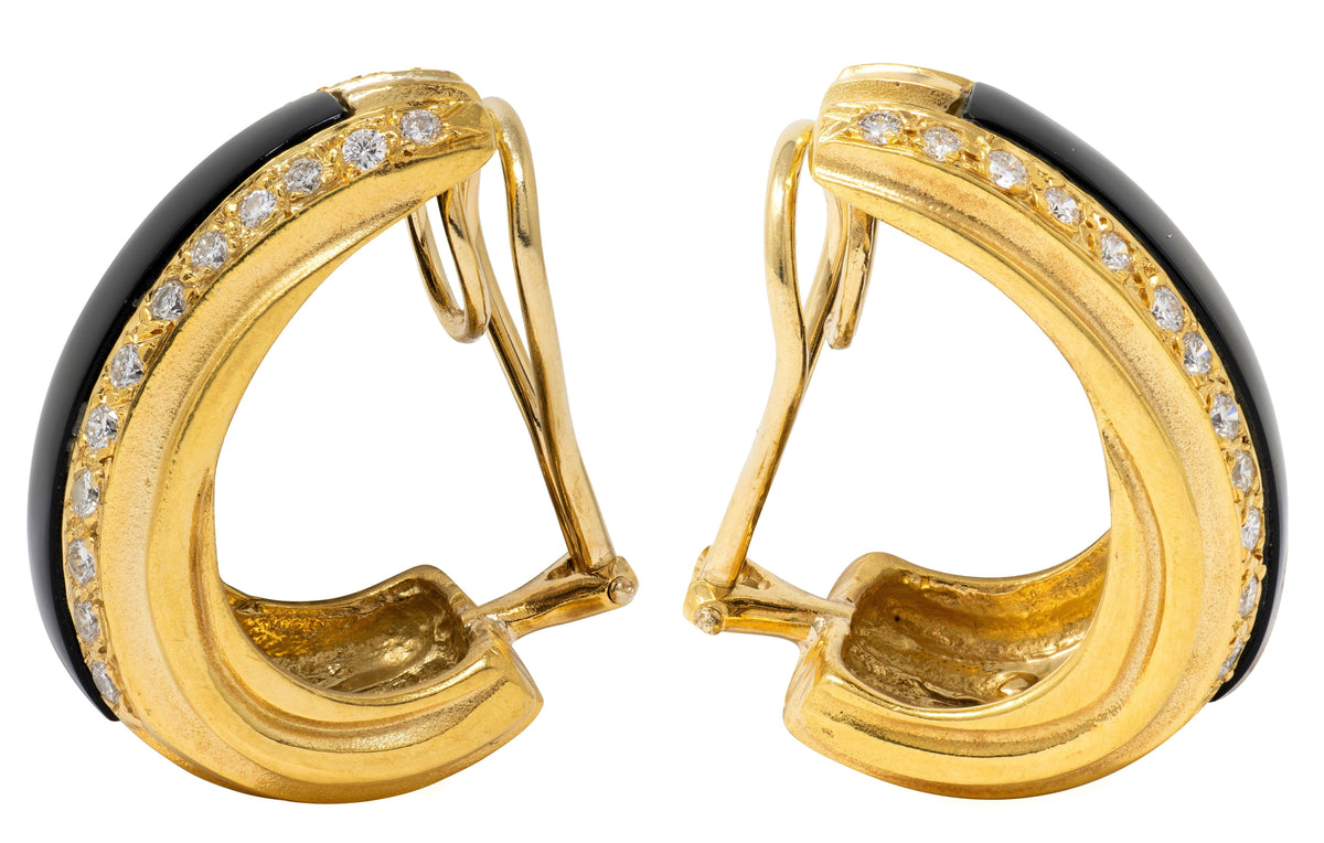 1980's Diamond Onyx 18 Karat Yellow Gold Vintage J-Hoop Ear-Clip Earrings