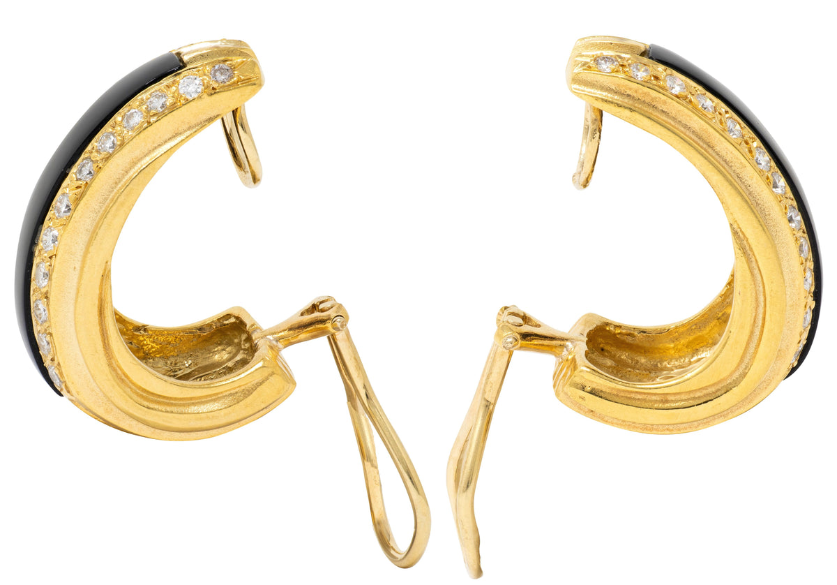 1980's Diamond Onyx 18 Karat Yellow Gold Vintage J-Hoop Ear-Clip Earrings