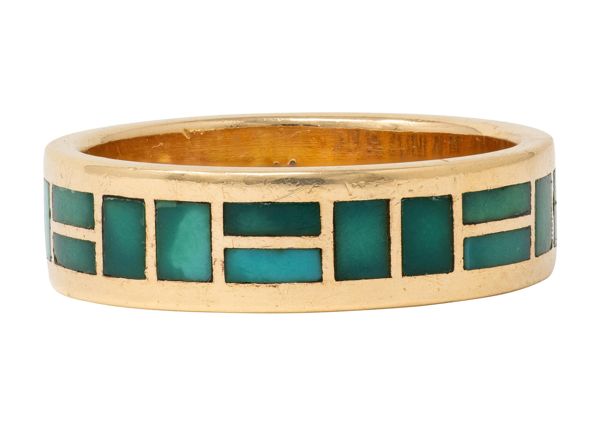 Zuni Sheldon & Nancy Westika 1981 Turquoise 14K Gold Vintage Inlay Band Ring