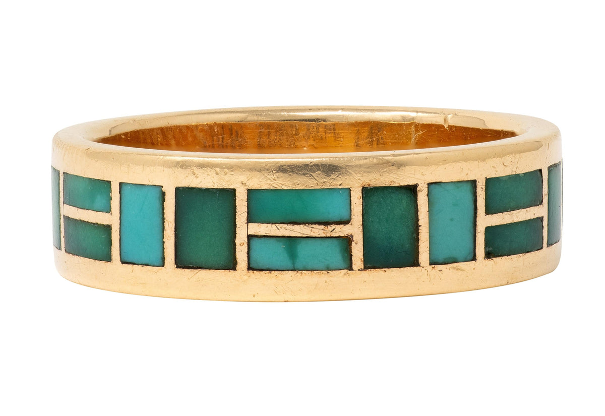 Zuni Sheldon & Nancy Westika 1981 Turquoise 14K Gold Vintage Inlay Band Ring