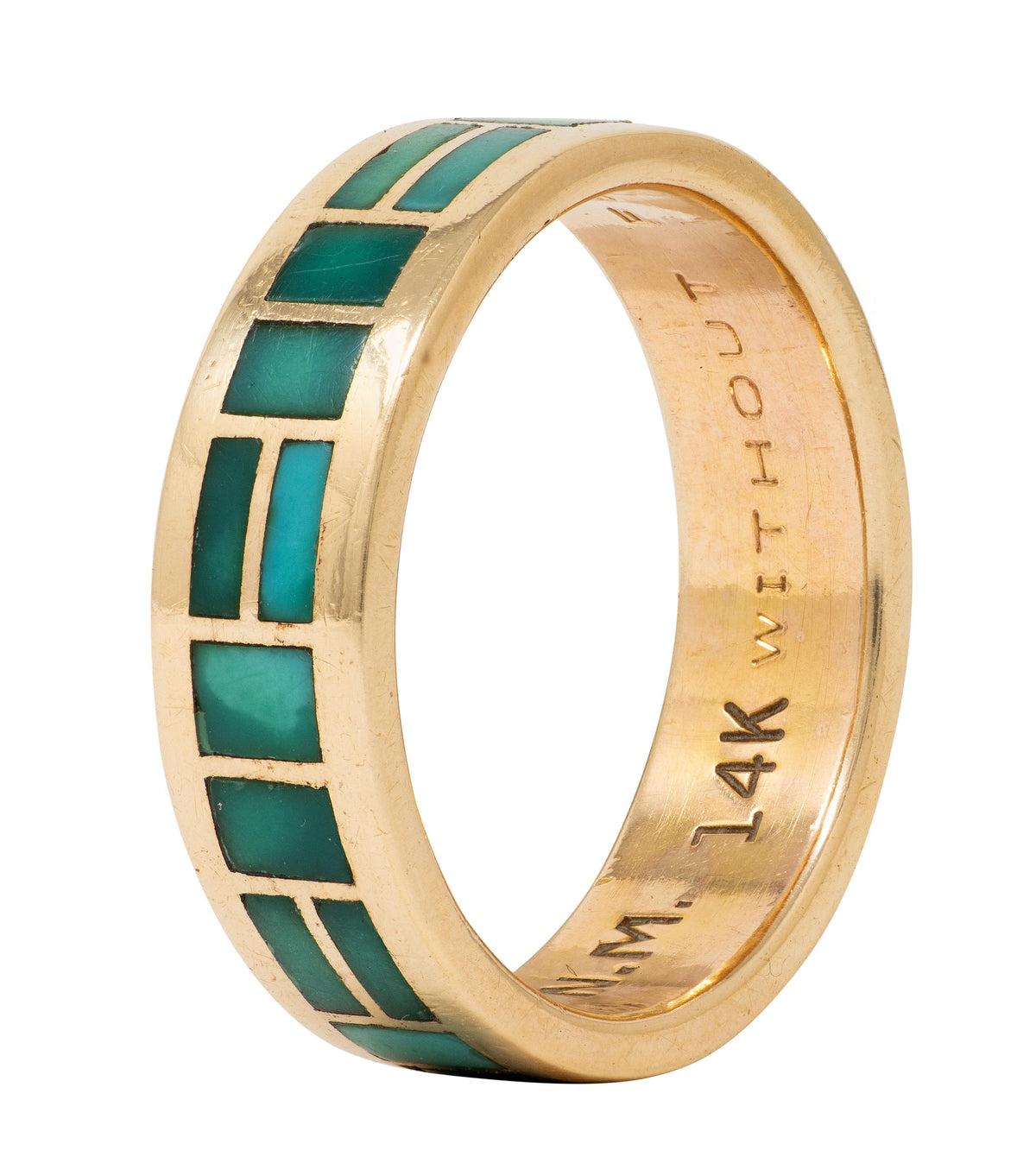Zuni Sheldon & Nancy Westika 1981 Turquoise 14K Gold Vintage Inlay Band Ring