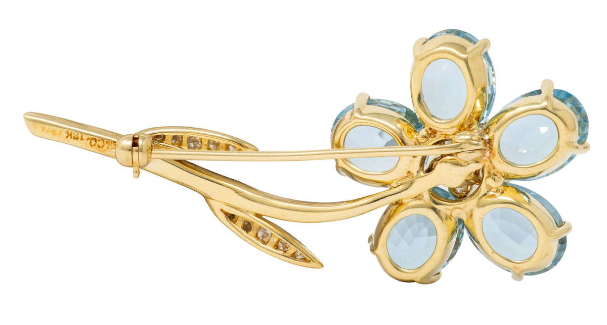 Tiffany & Co. Diamond Aquamarine 18 Karat Yellow Gold Vintage Flower Brooch