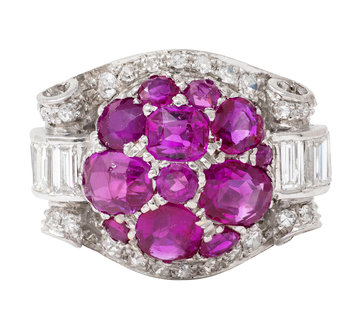 Mid-Century 5.29 CTW Ruby Diamond Platinum Vintage Scrolling Cluster Ring