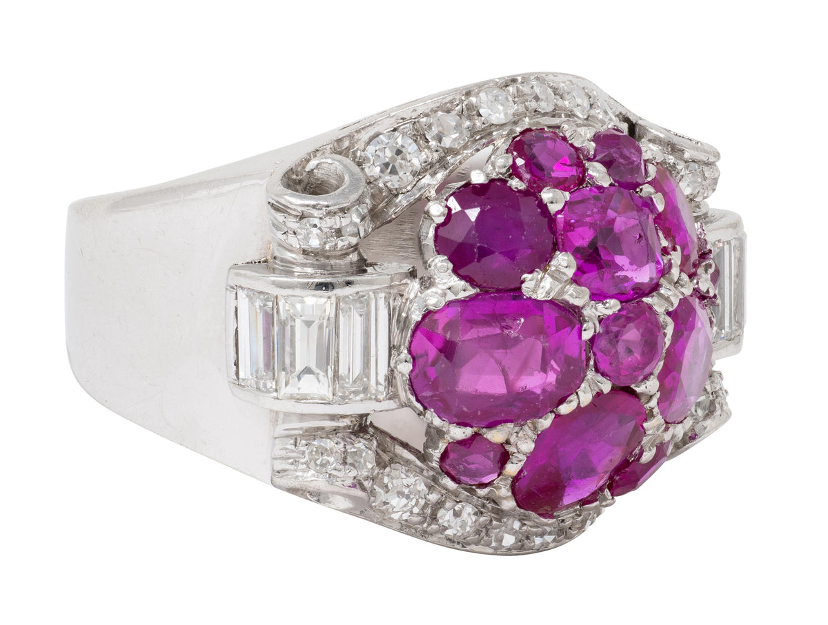 Mid-Century 5.29 CTW Ruby Diamond Platinum Vintage Scrolling Cluster Ring