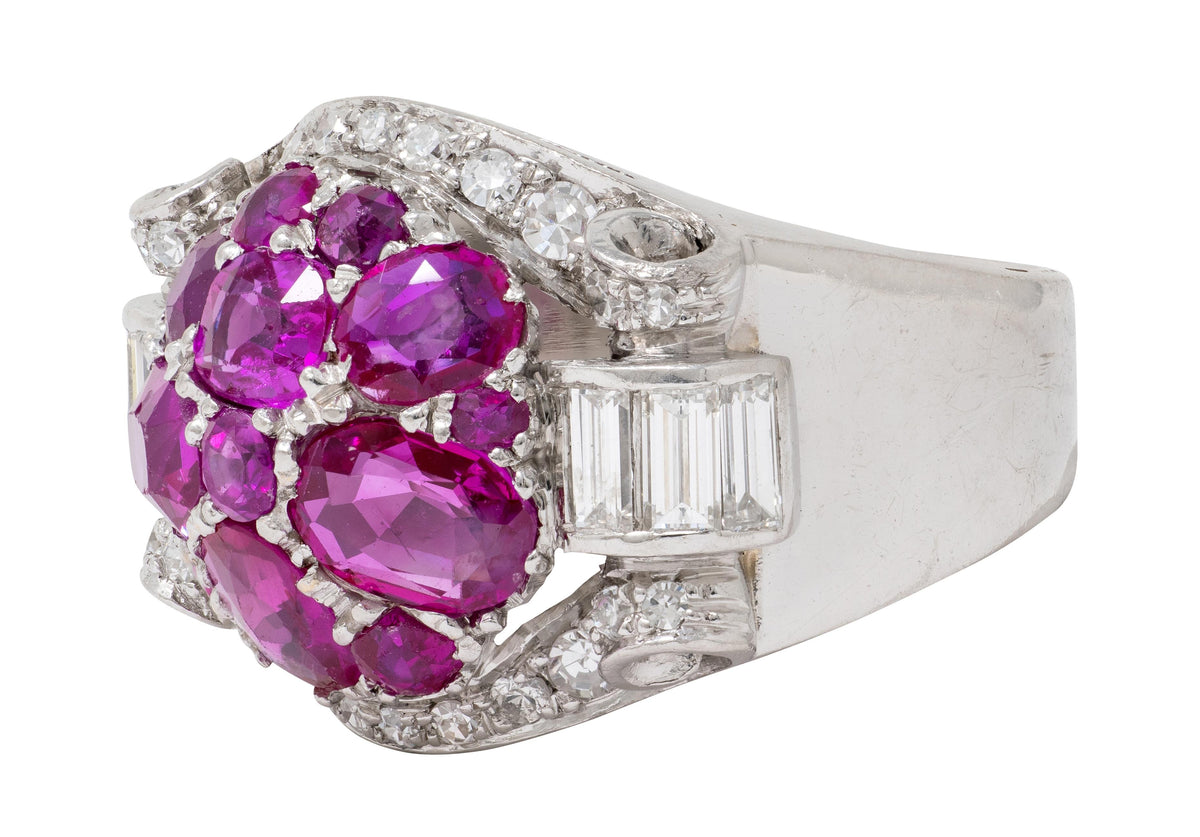Mid-Century 5.29 CTW Ruby Diamond Platinum Vintage Scrolling Cluster Ring