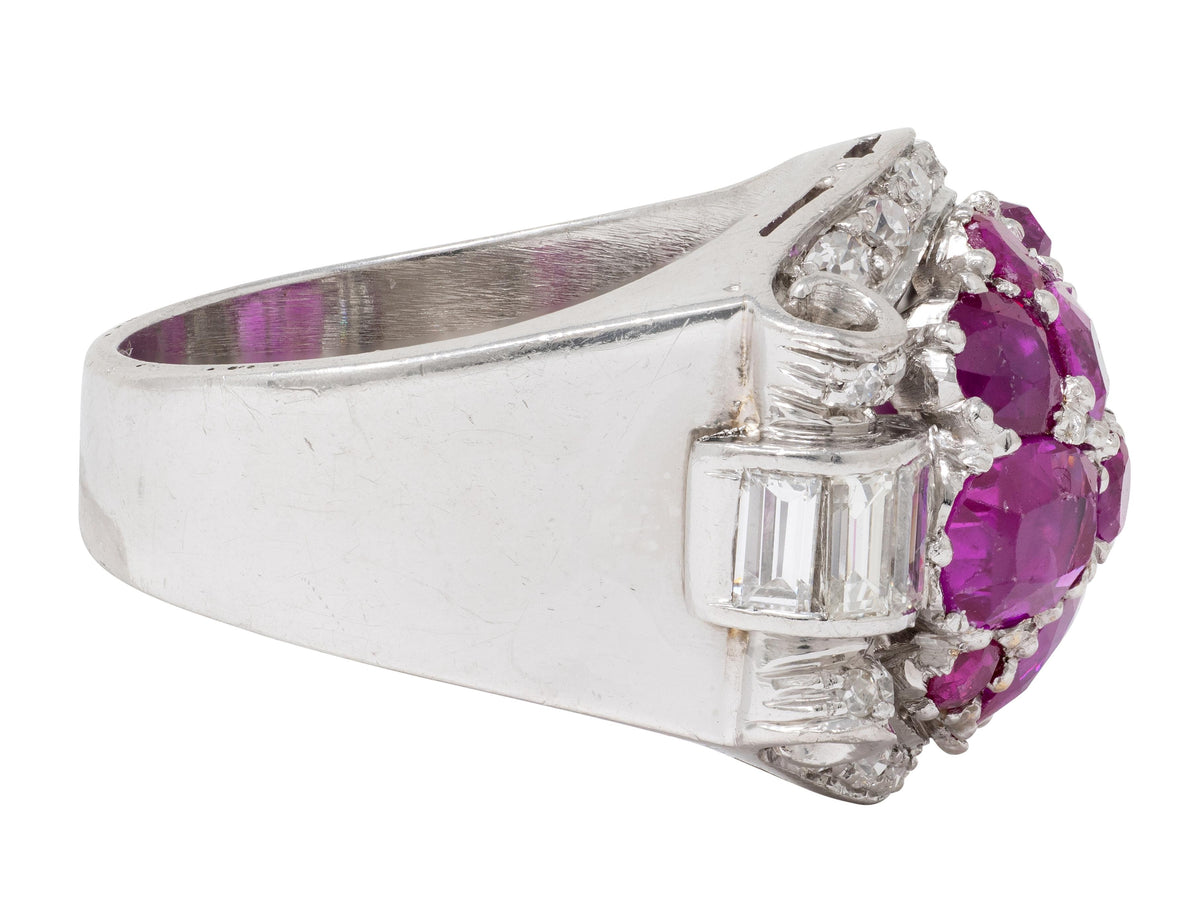 Mid-Century 5.29 CTW Ruby Diamond Platinum Vintage Scrolling Cluster Ring