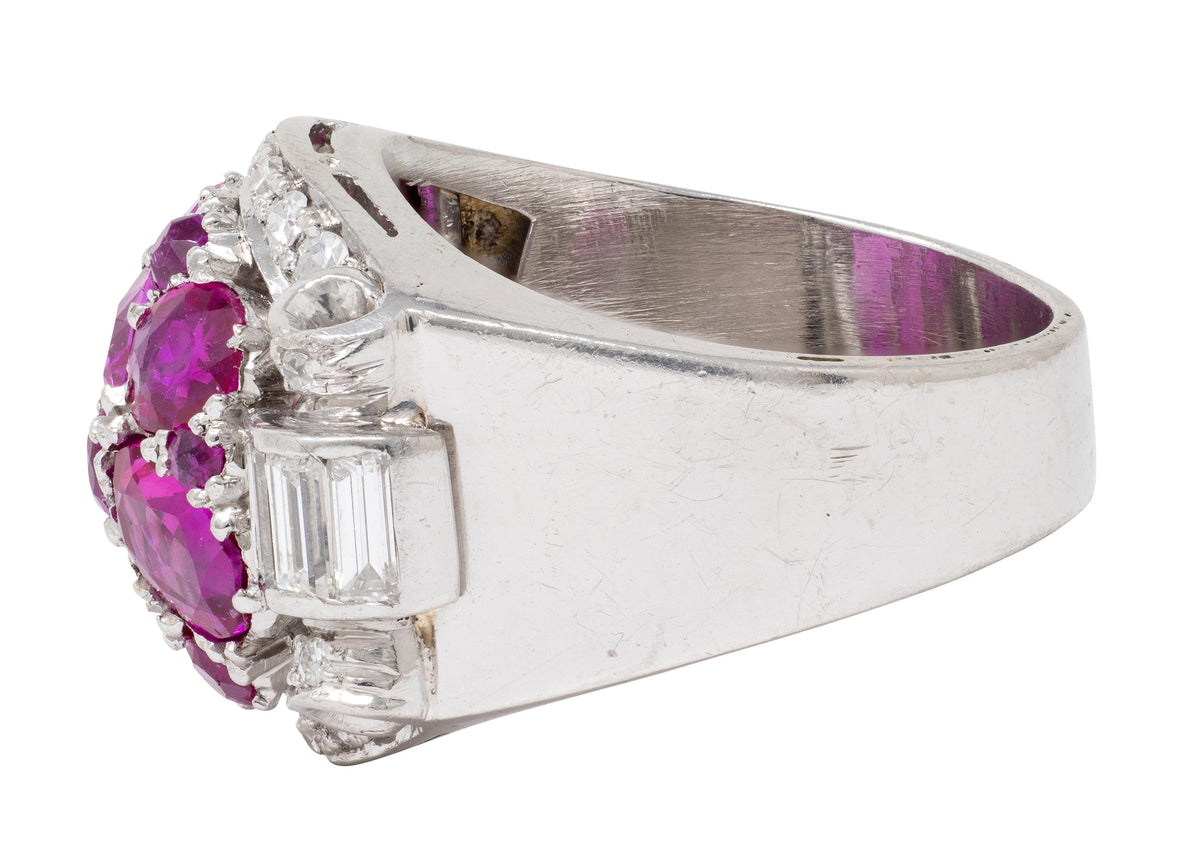 Mid-Century 5.29 CTW Ruby Diamond Platinum Vintage Scrolling Cluster Ring