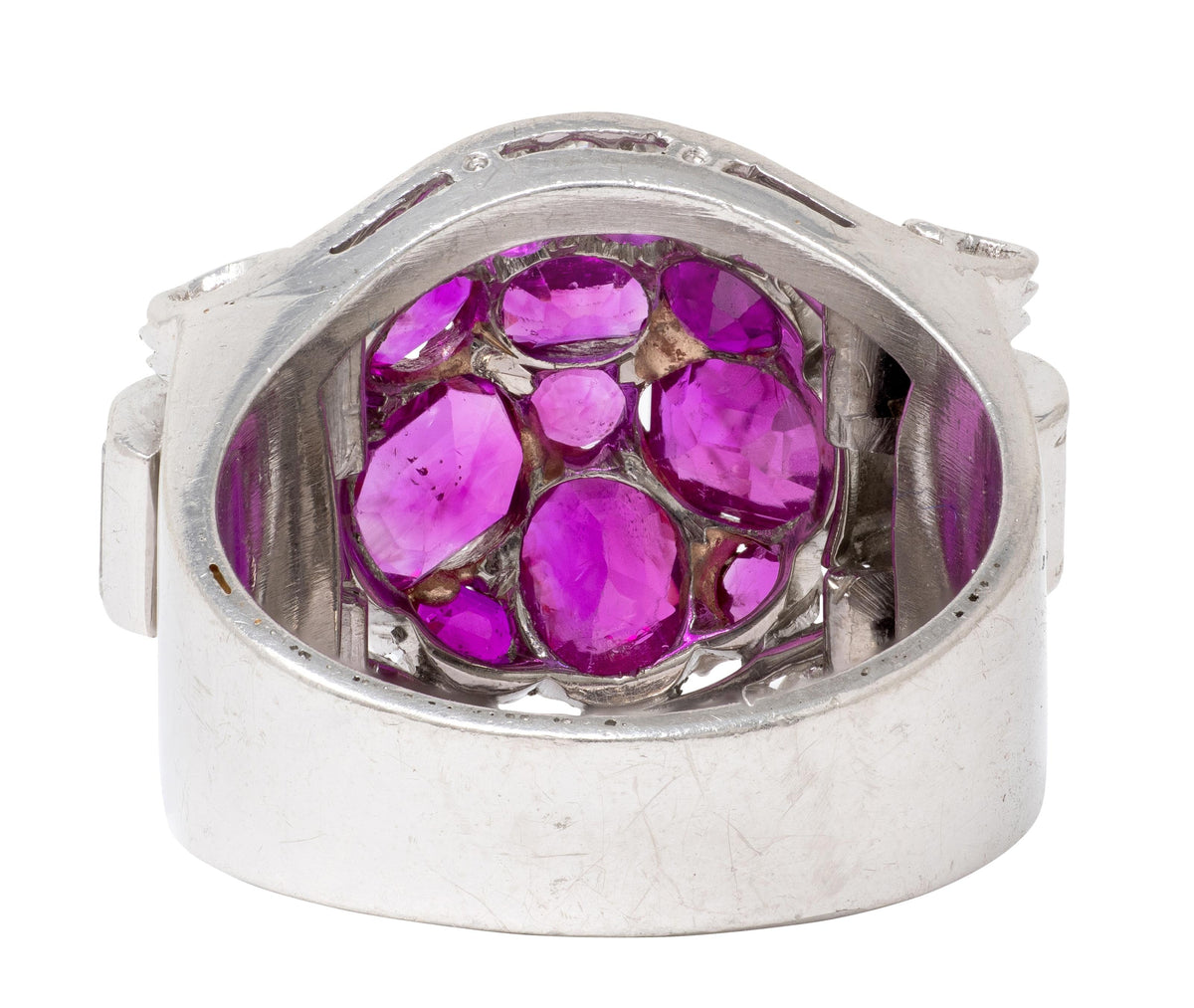 Mid-Century 5.29 CTW Ruby Diamond Platinum Vintage Scrolling Cluster Ring