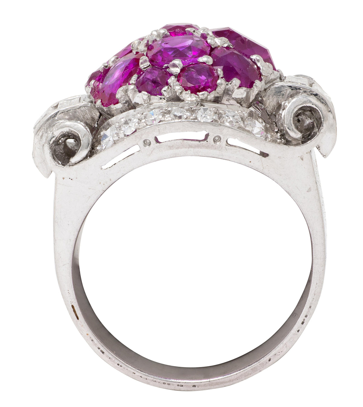 Mid-Century 5.29 CTW Ruby Diamond Platinum Vintage Scrolling Cluster Ring
