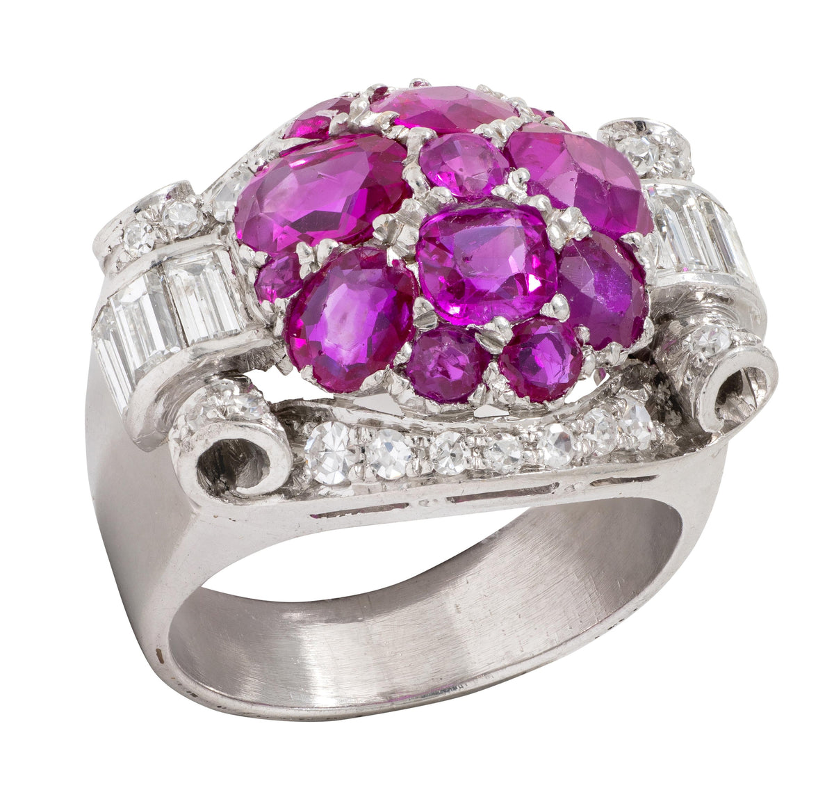 Mid-Century 5.29 CTW Ruby Diamond Platinum Vintage Scrolling Cluster Ring