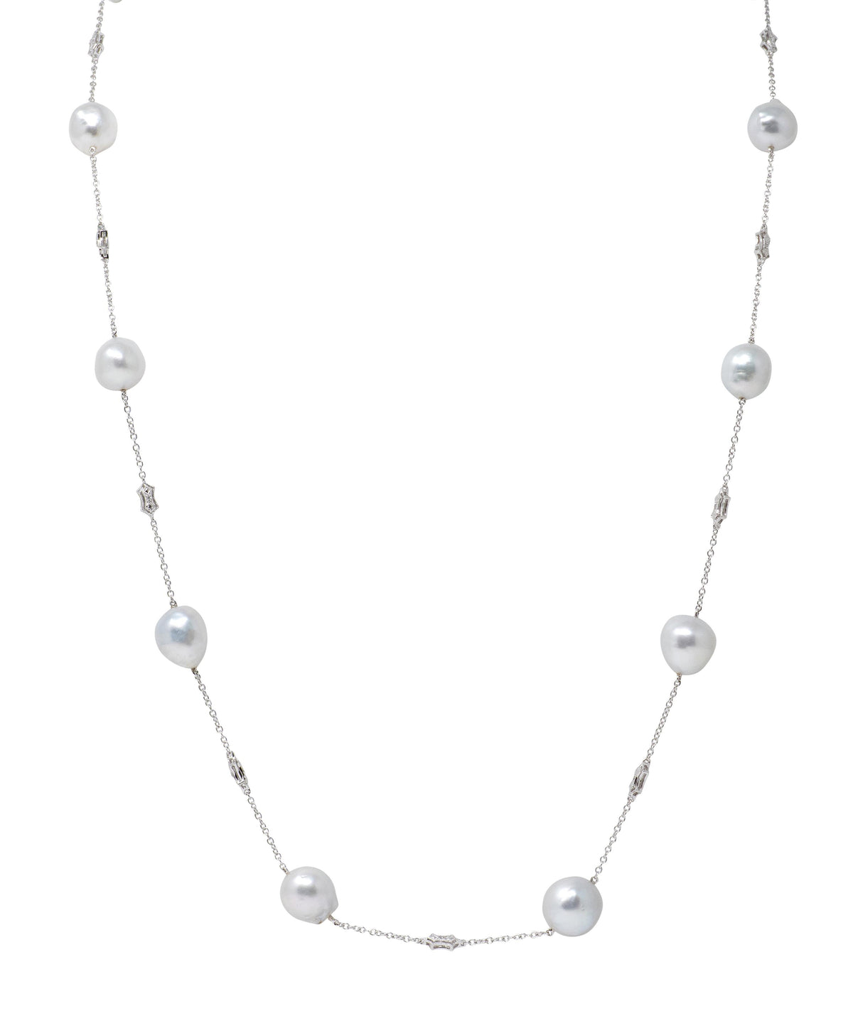 Ed Cora Baroque Pearl Diamond 18 Karat White Gold Contemporary Station Necklace