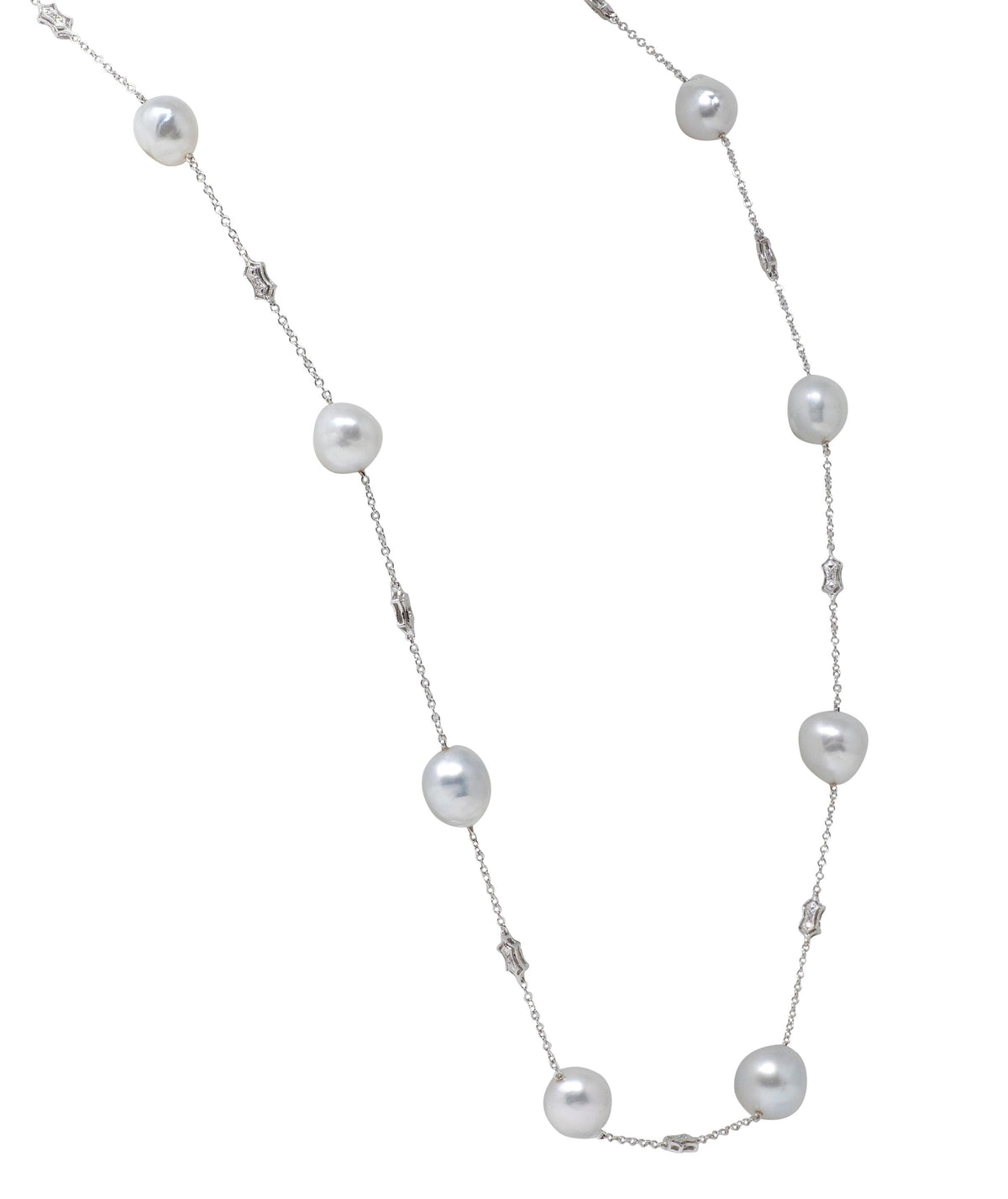 Ed Cora Baroque Pearl Diamond 18 Karat White Gold Contemporary Station Necklace