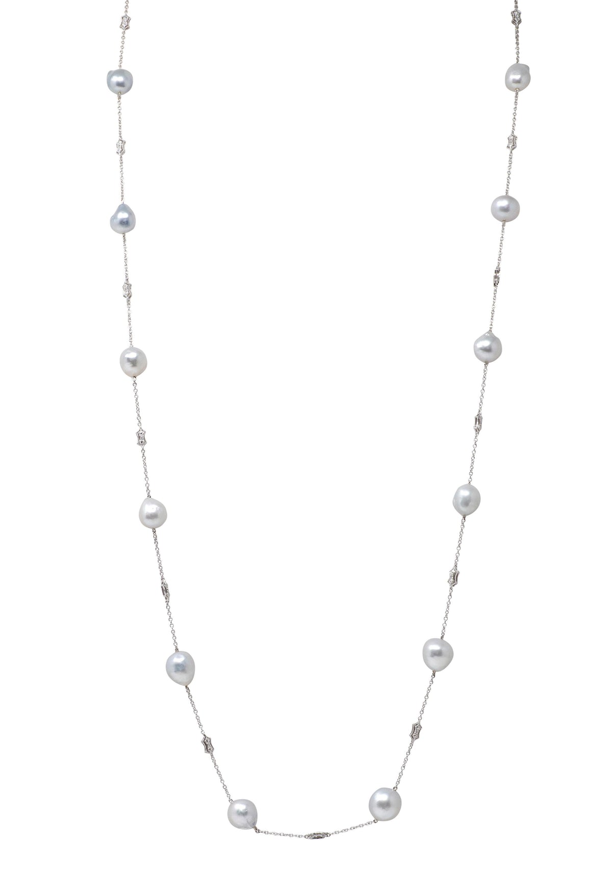 Ed Cora Baroque Pearl Diamond 18 Karat White Gold Contemporary Station Necklace
