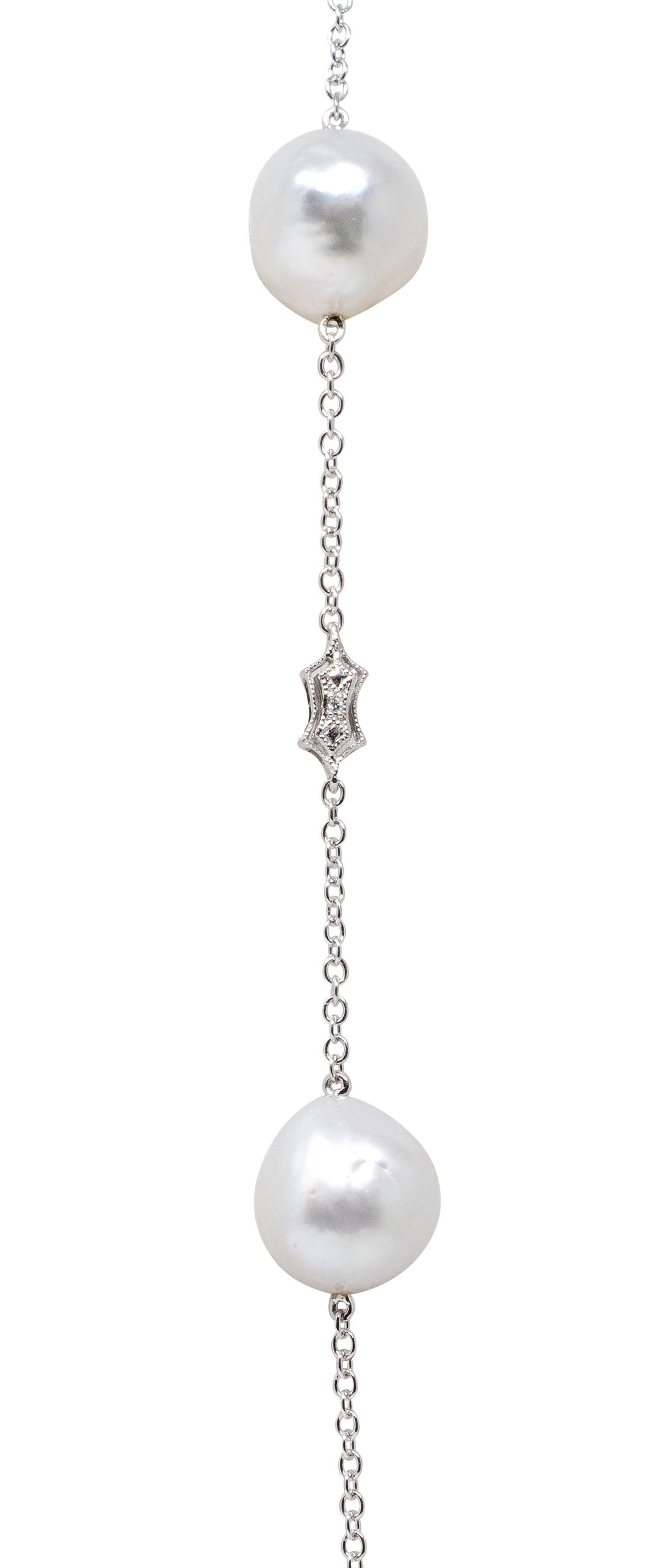 Ed Cora Baroque Pearl Diamond 18 Karat White Gold Contemporary Station Necklace