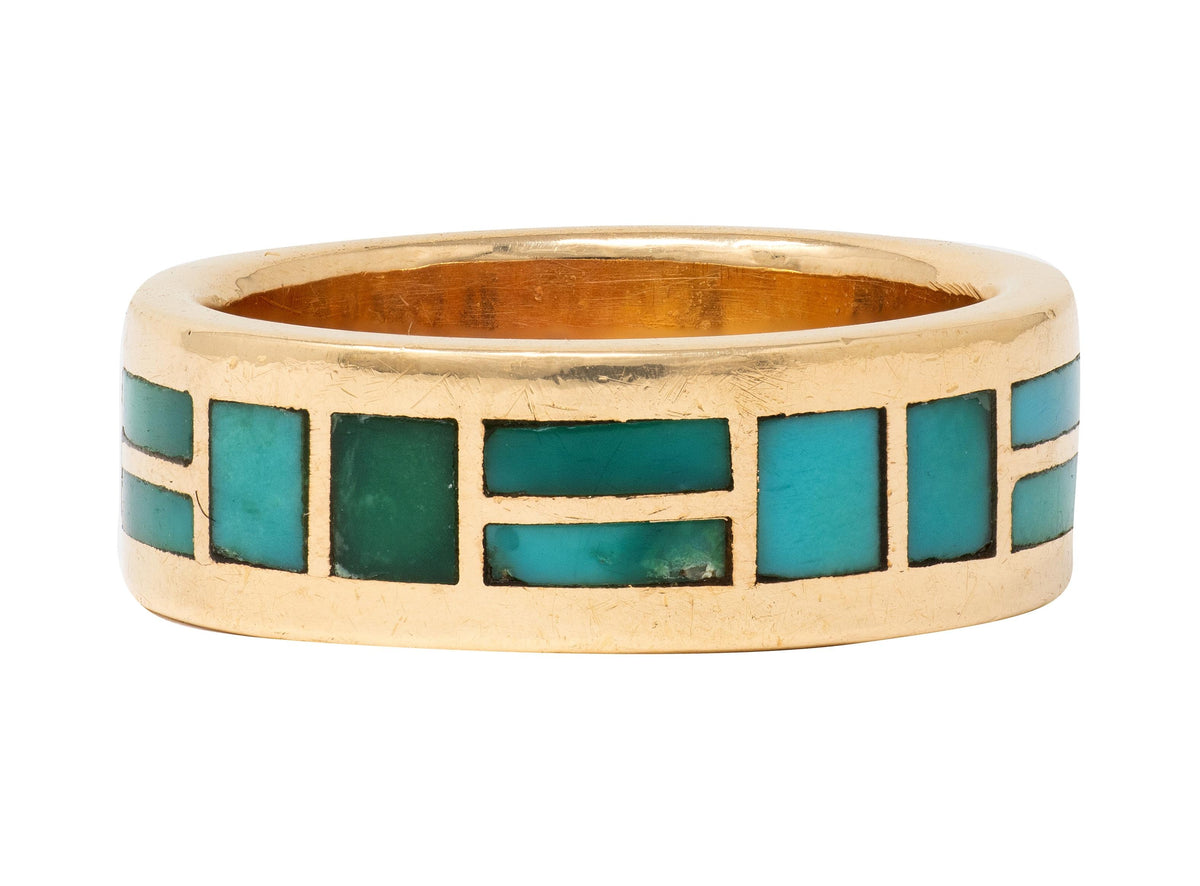 Zuni Sheldon & Nancy Westika 1981 Turquoise 14K Gold Vintage Inlay Band Ring