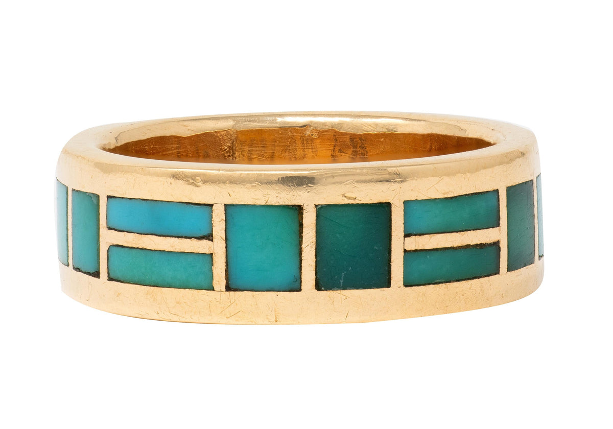 Zuni Sheldon & Nancy Westika 1981 Turquoise 14K Gold Vintage Inlay Band Ring