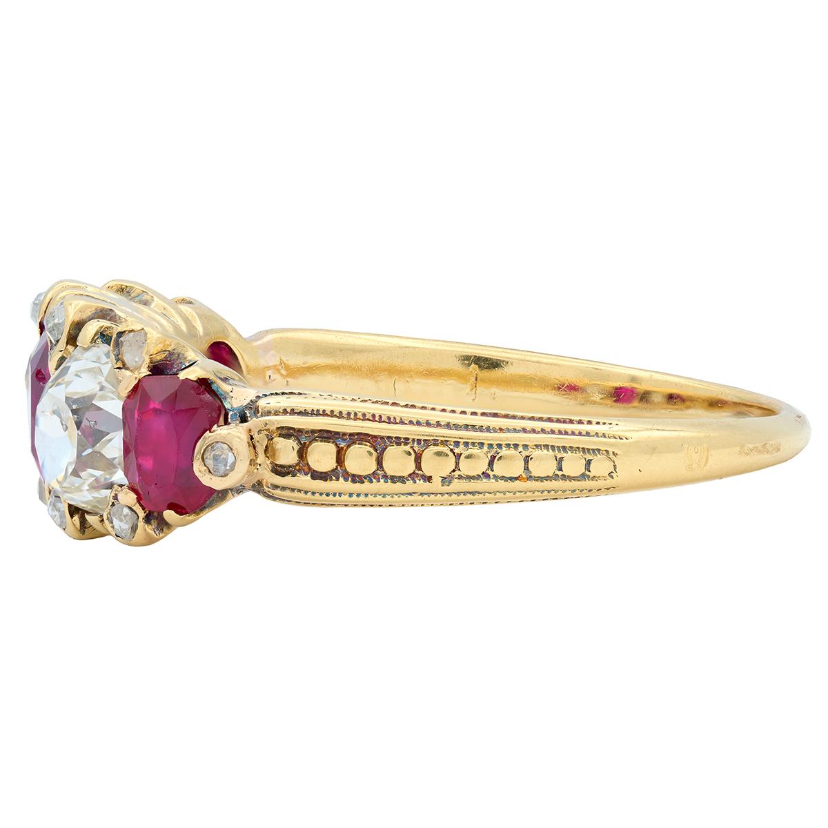 Victorian No Heat Burma Ruby Old Mine Cut Diamond 18K Gold Band Ring GIA