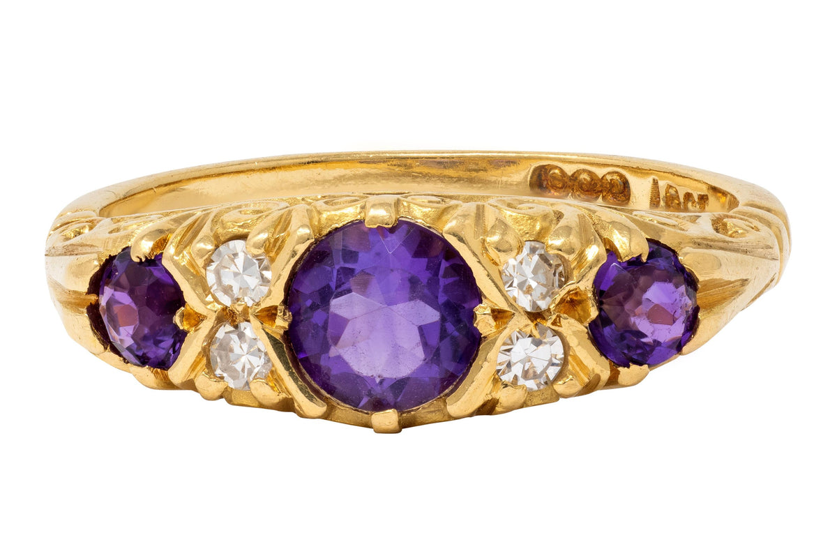 1960s Amethyst Diamond 18 Karat Yellow Gold Vintage Scrolling Ring