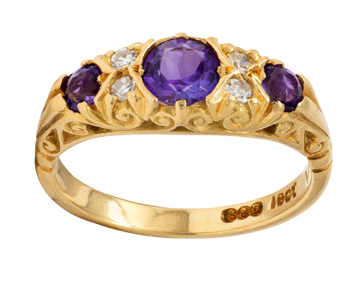 1960s Amethyst Diamond 18 Karat Yellow Gold Vintage Scrolling Ring