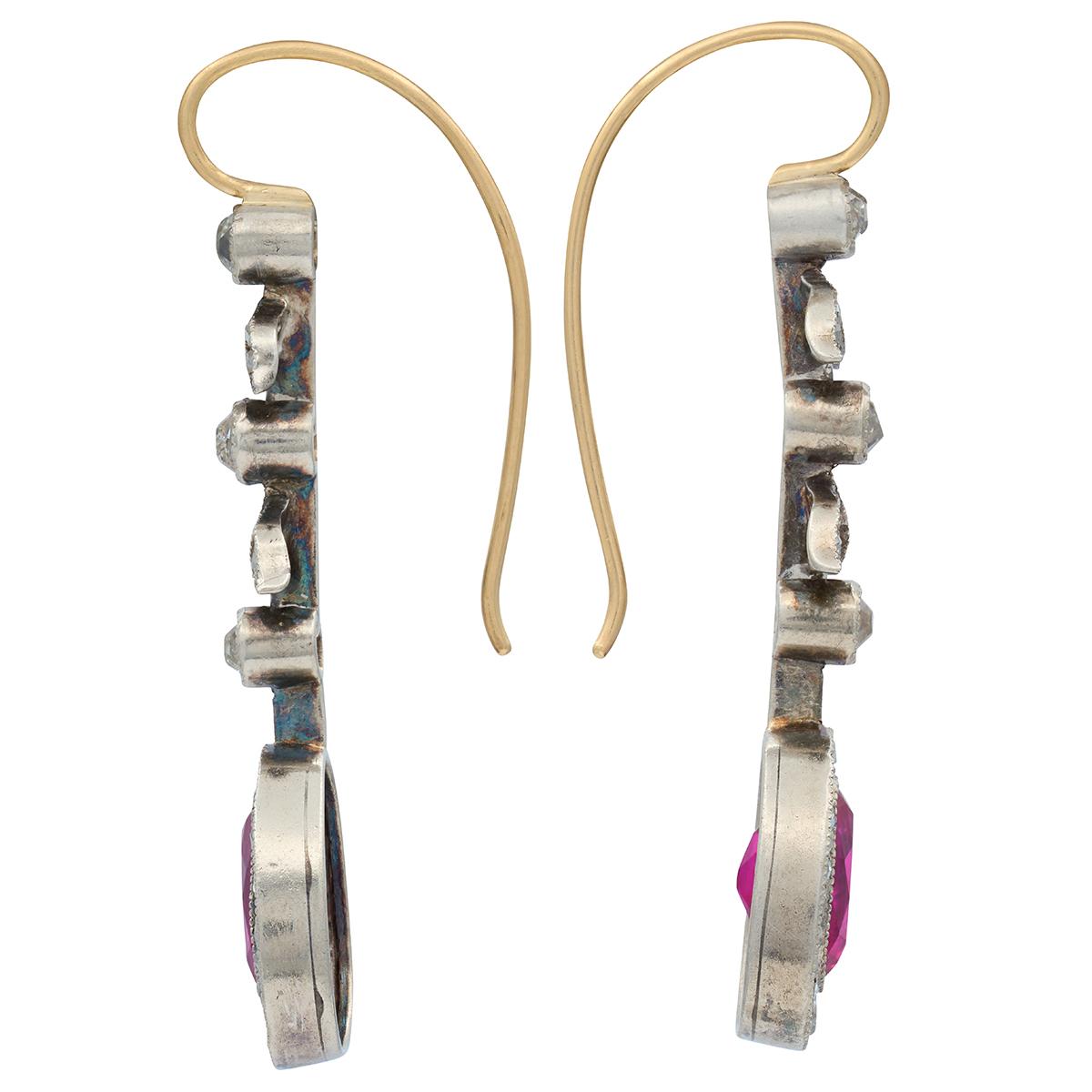 Victorian No Heat Burma Ruby Diamond Silver 14K Gold Antique Foliate Earrings