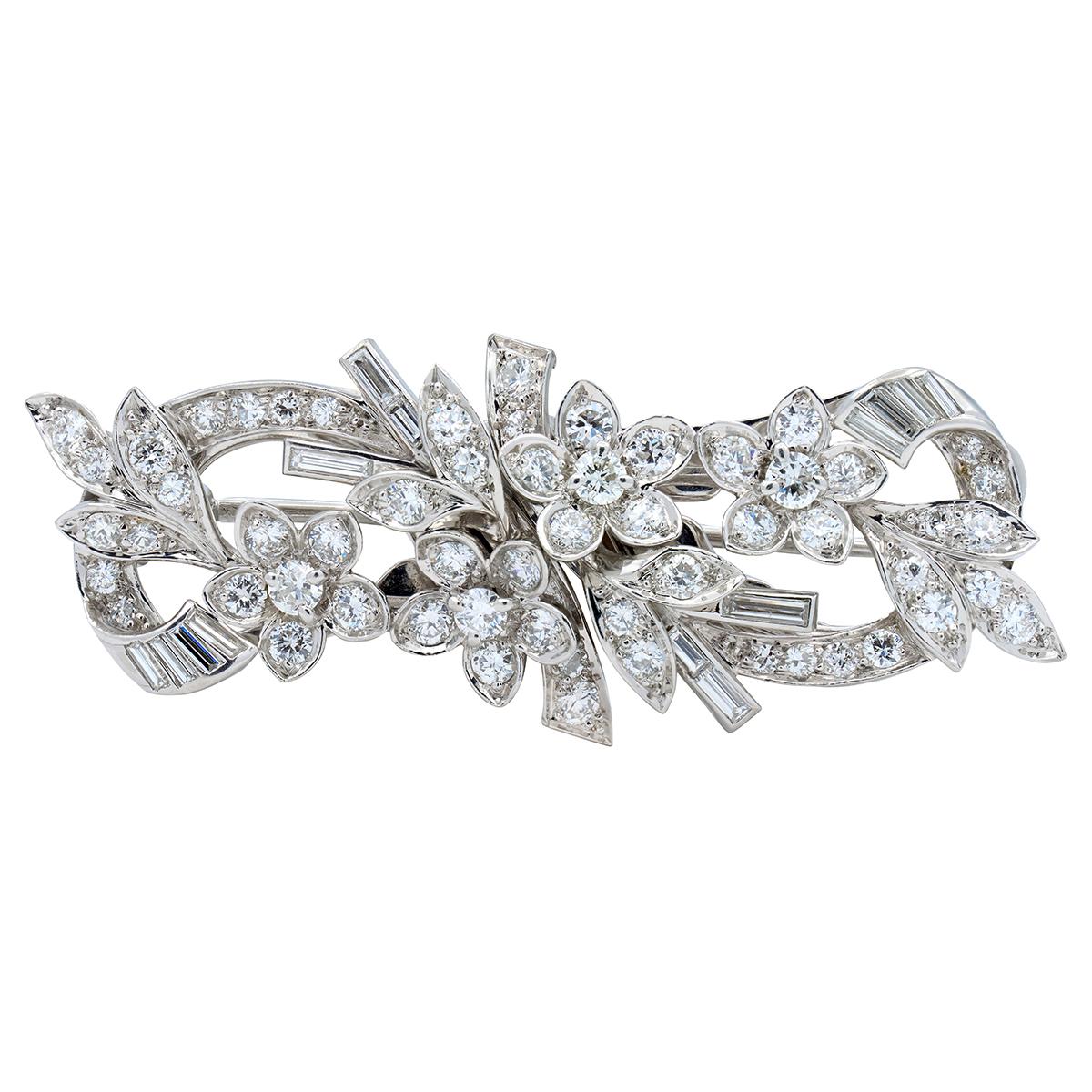 Tiffany & Co. Mid-Century Diamond Platinum Vintage Floral Ribbon Brooch Clip Set