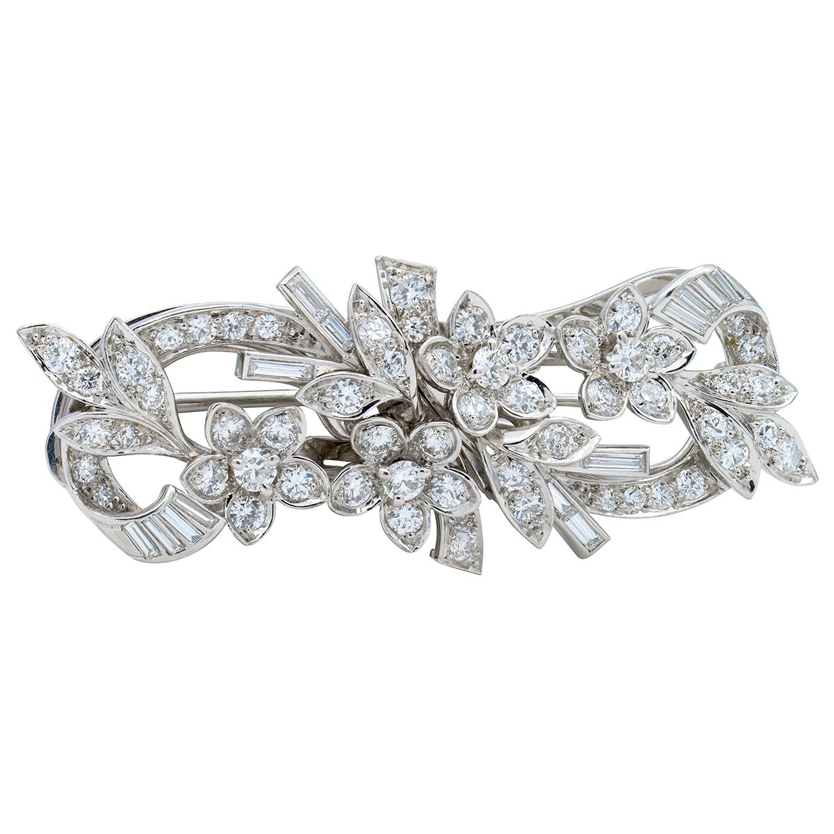Tiffany & Co. Mid-Century Diamond Platinum Vintage Floral Ribbon Brooch Clip Set