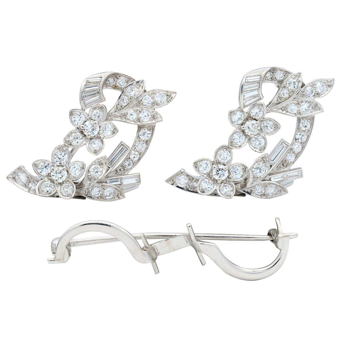 Tiffany & Co. Mid-Century Diamond Platinum Vintage Floral Ribbon Brooch Clip Set