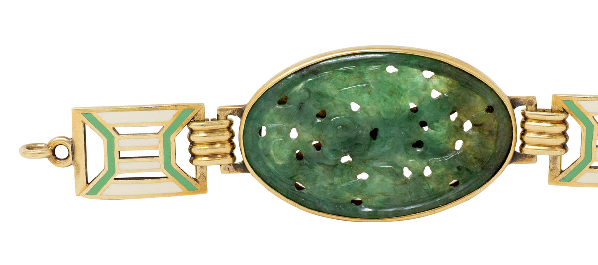 Art Deco Carved Jade Enamel 14 Karat Yellow Gold Fancy Link Vintage Bracelet