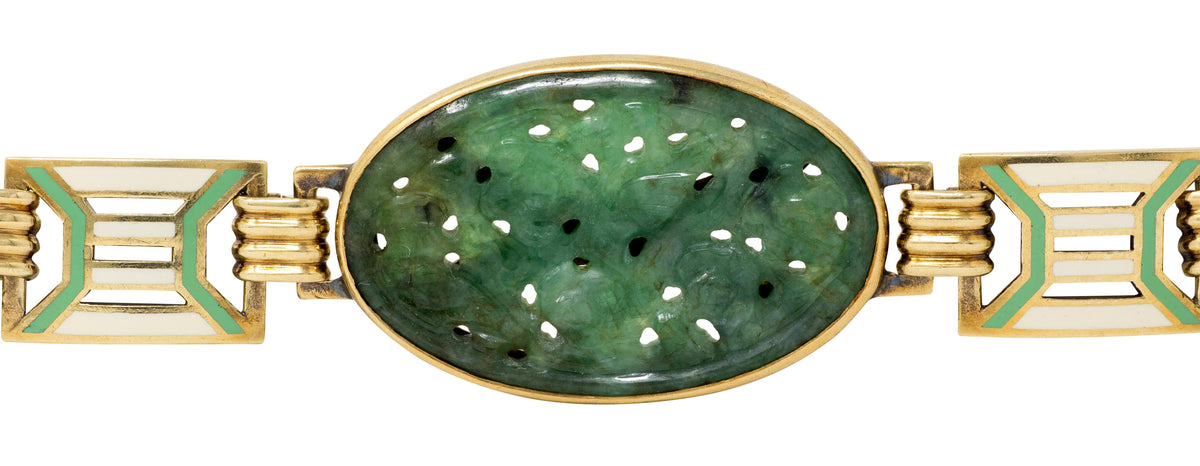 Art Deco Carved Jade Enamel 14 Karat Yellow Gold Fancy Link Vintage Bracelet