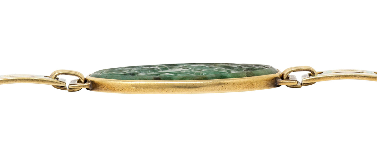 Art Deco Carved Jade Enamel 14 Karat Yellow Gold Fancy Link Vintage Bracelet