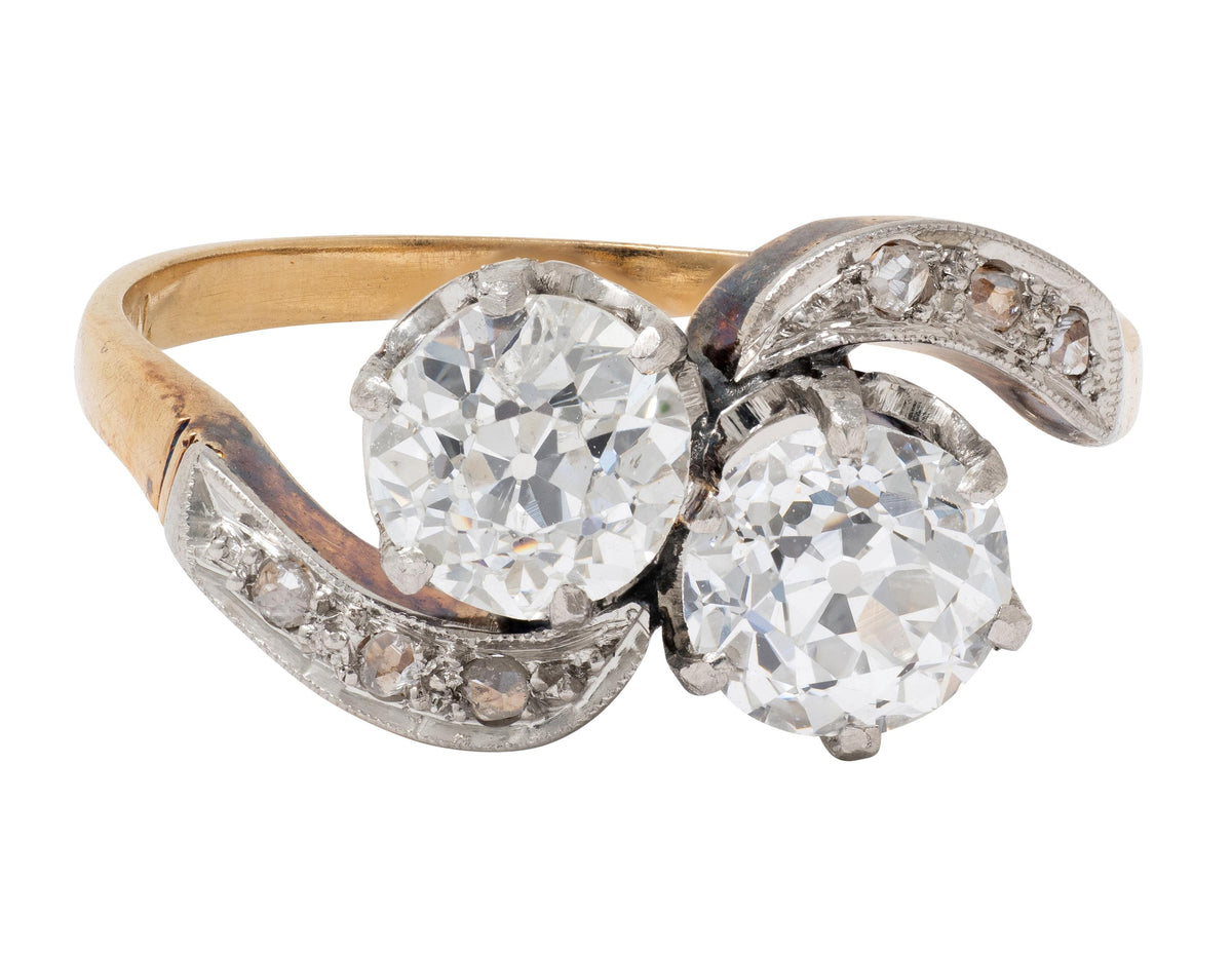 Edwardian Toi et Moi Old Mine Diamond Platinum 18K Gold Antique Engagement Ring