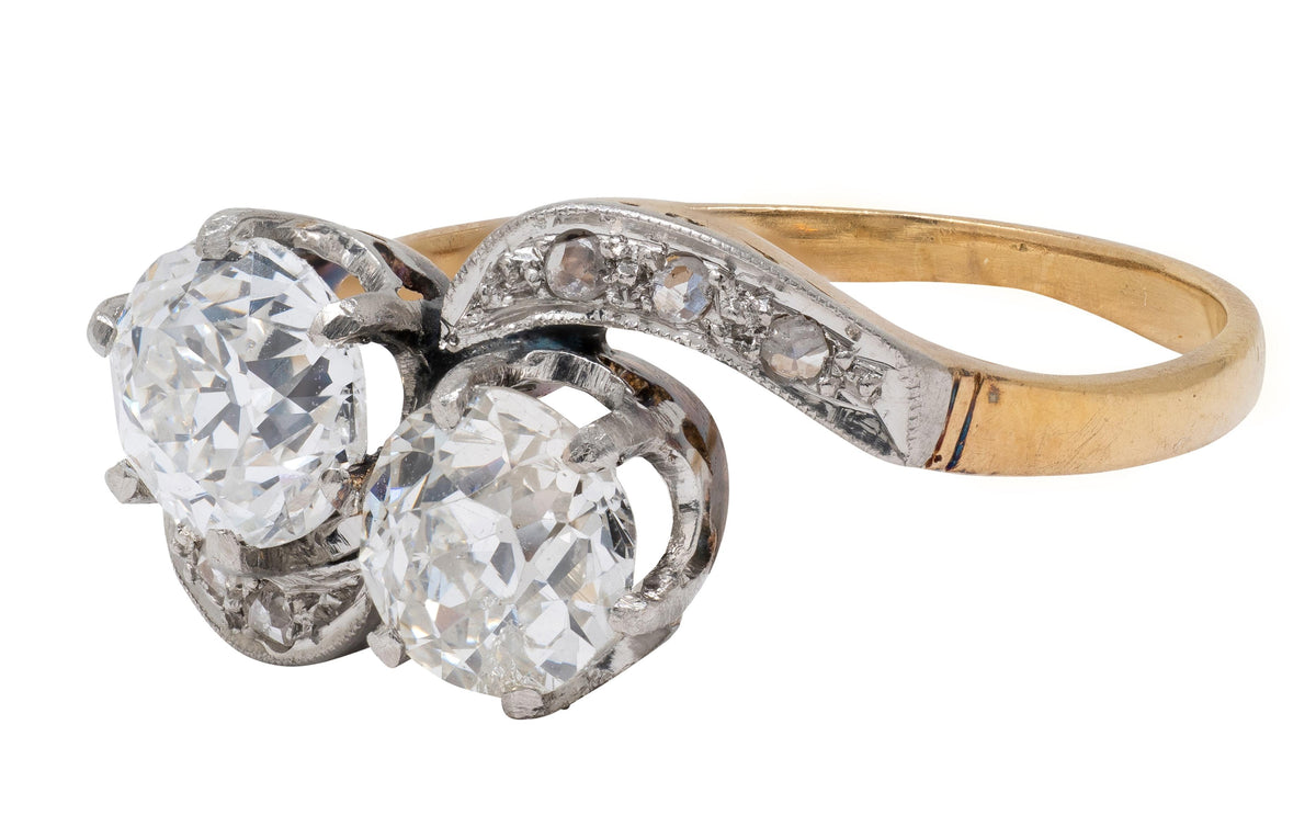 Edwardian Toi et Moi Old Mine Diamond Platinum 18K Gold Antique Engagement Ring