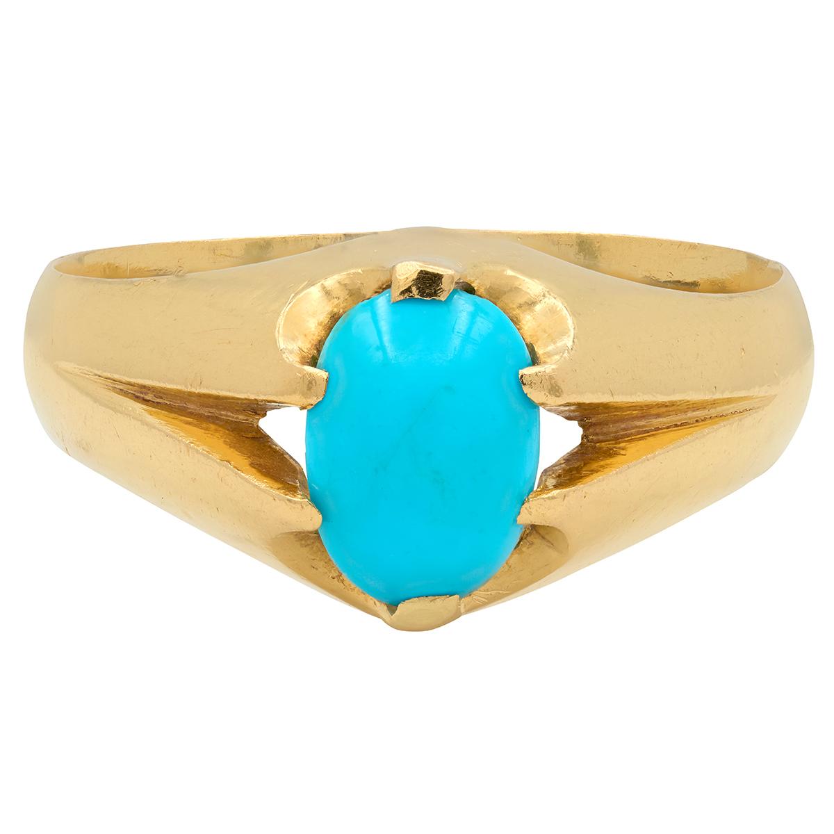 Victorian Turquoise 18 Karat Yellow Gold Antique Belcher Ring