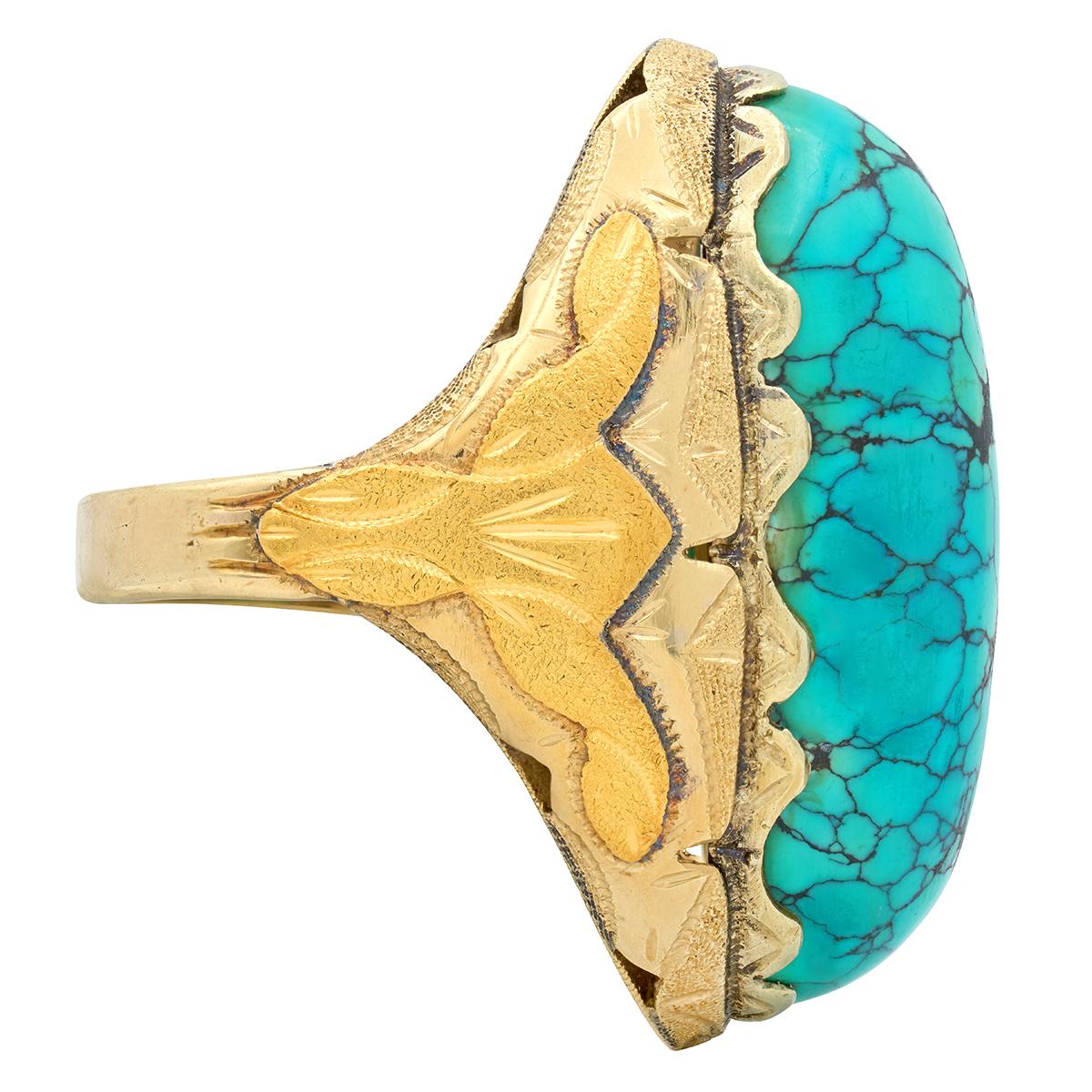Retro Turquoise Cabochon 14 Karat Yellow Gold Vintage Statement Ring