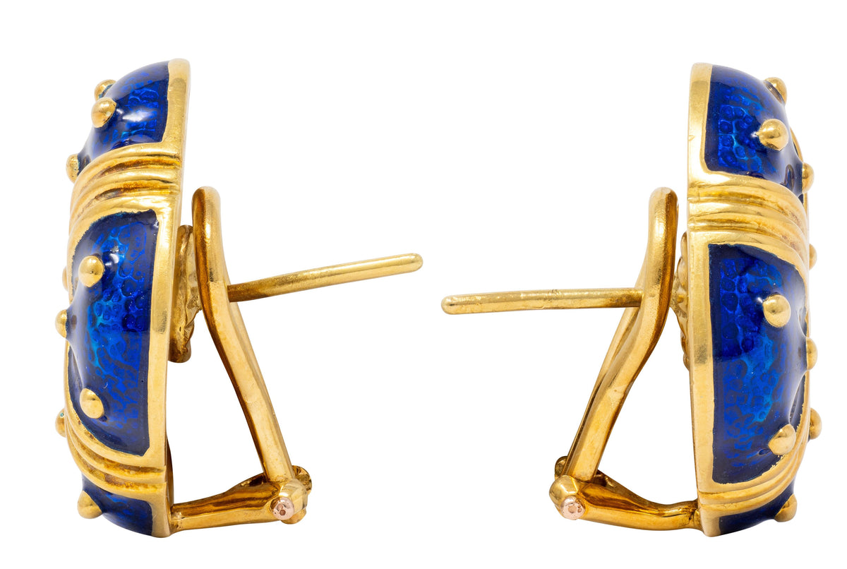 1980's Blue Enamel 18 Karat Yellow Gold Vintage Cushion Earrings