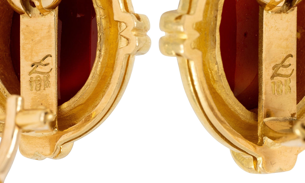 Elizabeth Locke 2000's Carnelian 18K YG Contemporary Hammered Cabochon Earrings
