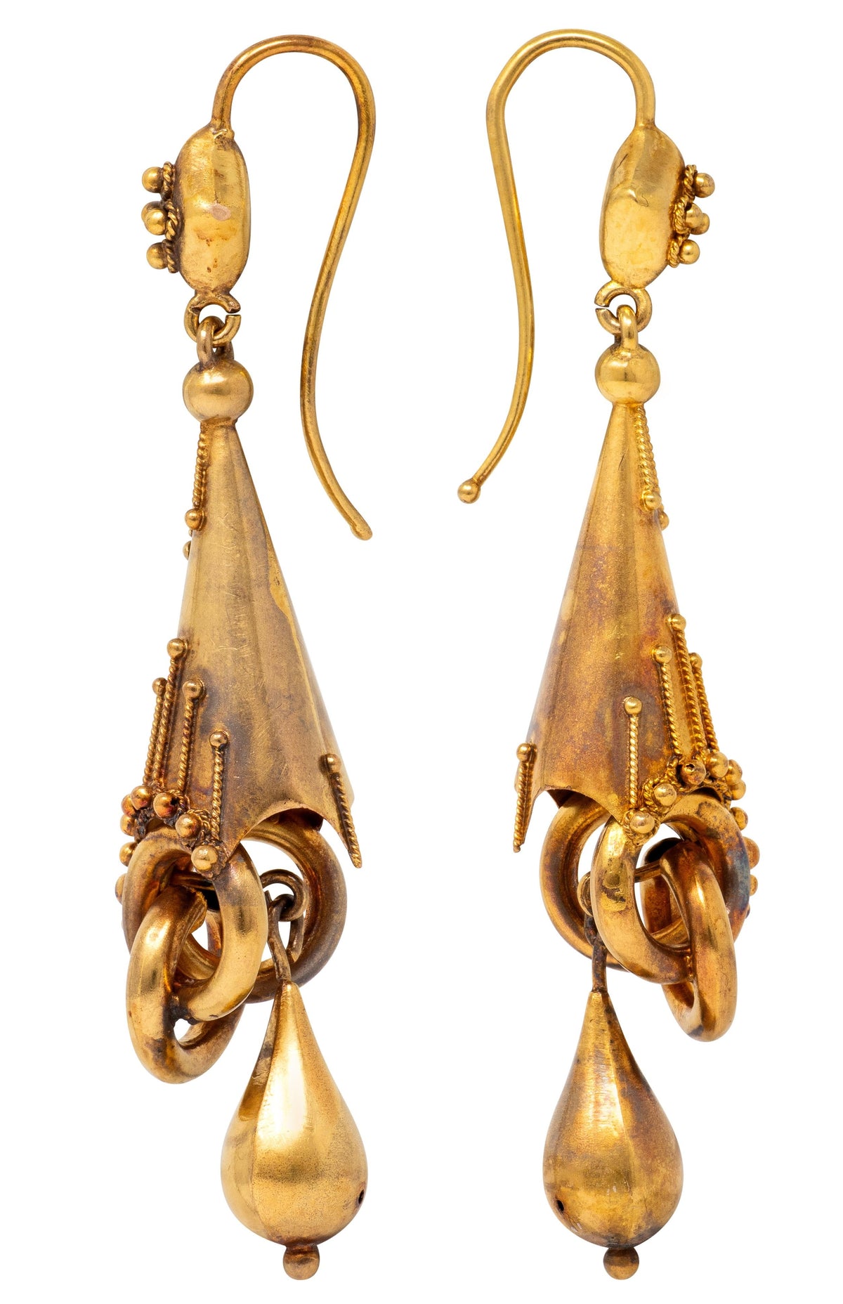 Victorian 18 Karat Yellow Gold Antique Etruscan Revival Drop Earrings