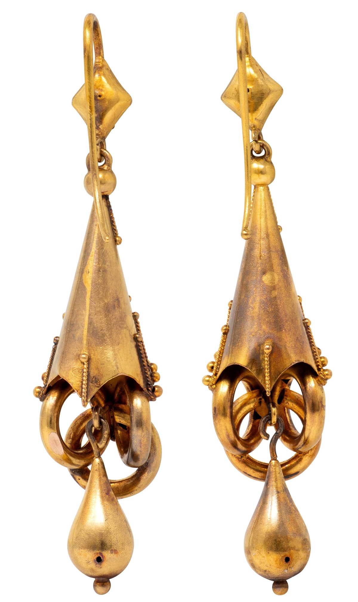 Victorian 18 Karat Yellow Gold Antique Etruscan Revival Drop Earrings