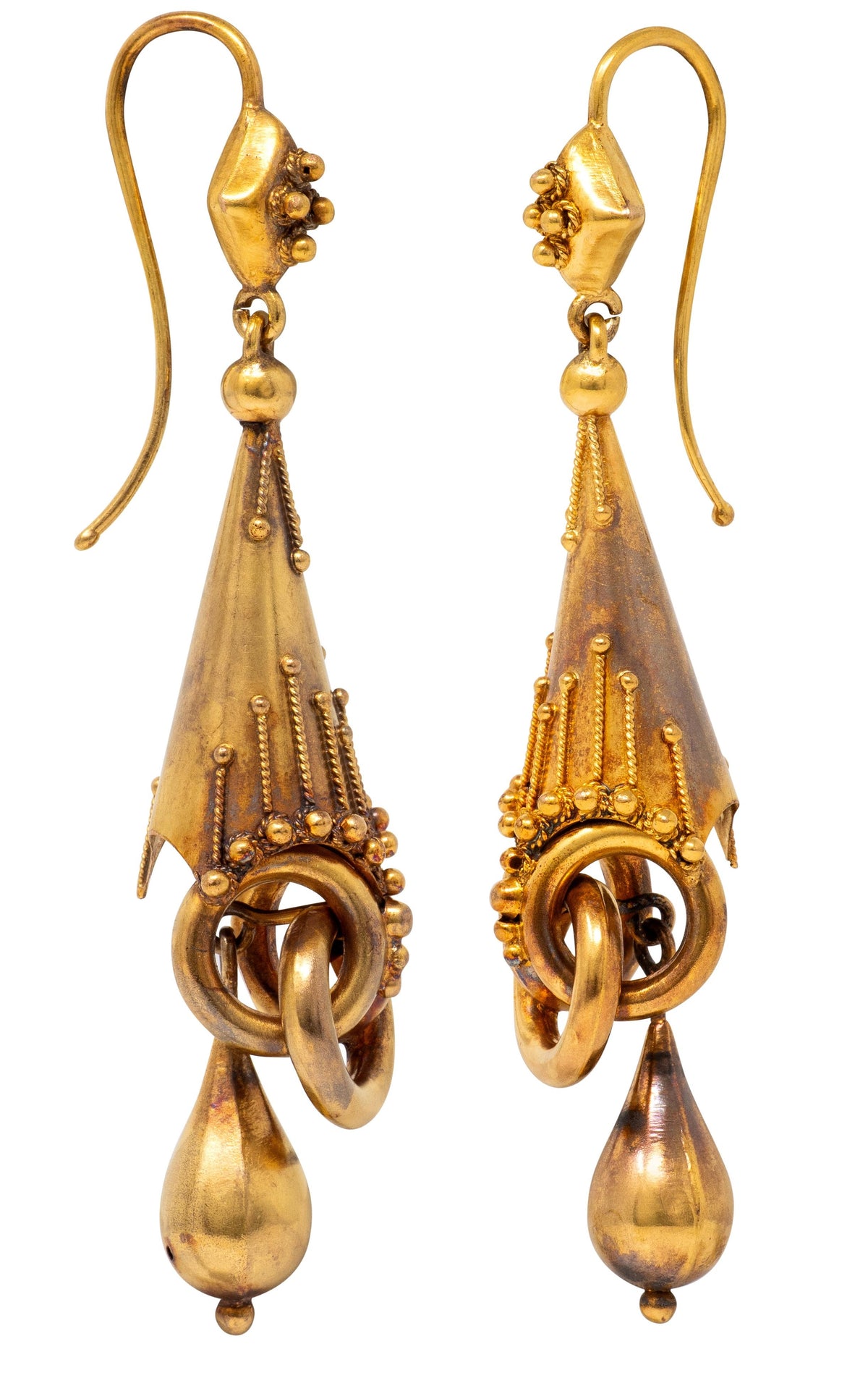 Victorian 18 Karat Yellow Gold Antique Etruscan Revival Drop Earrings