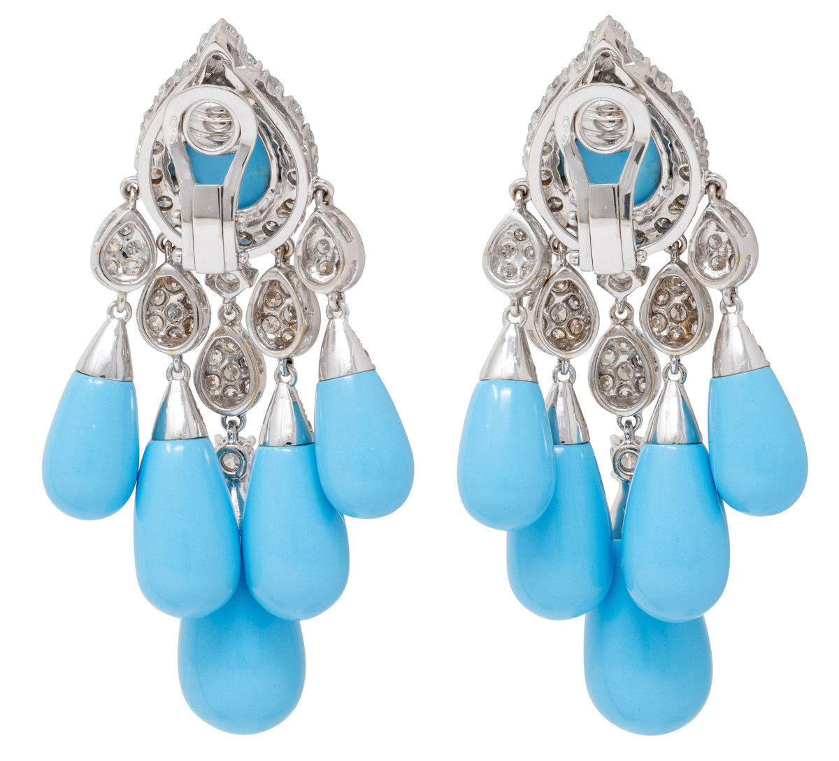 2010's Turquoise Diamond 18K Gold Contemporary Chandelier Ear-Clip Earrings
