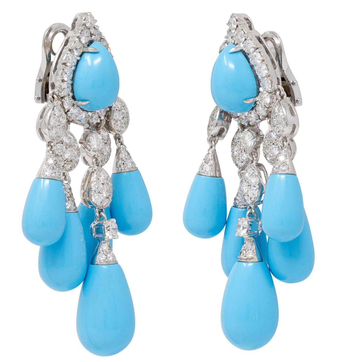 2010's Turquoise Diamond 18K Gold Contemporary Chandelier Ear-Clip Earrings