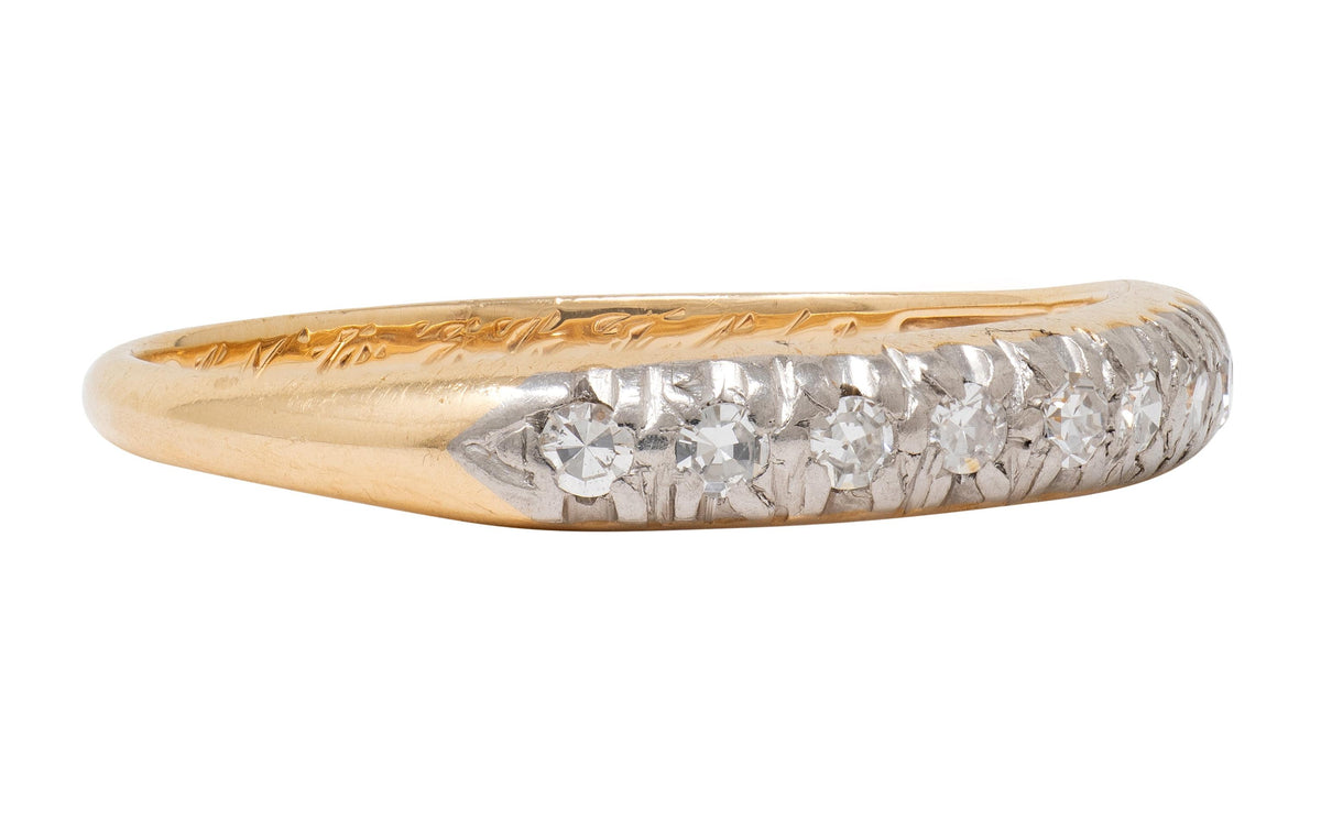 Mid-Century Diamond 14K Yellow Gold Platinum Vintage Fishtail Wedding Band Ring