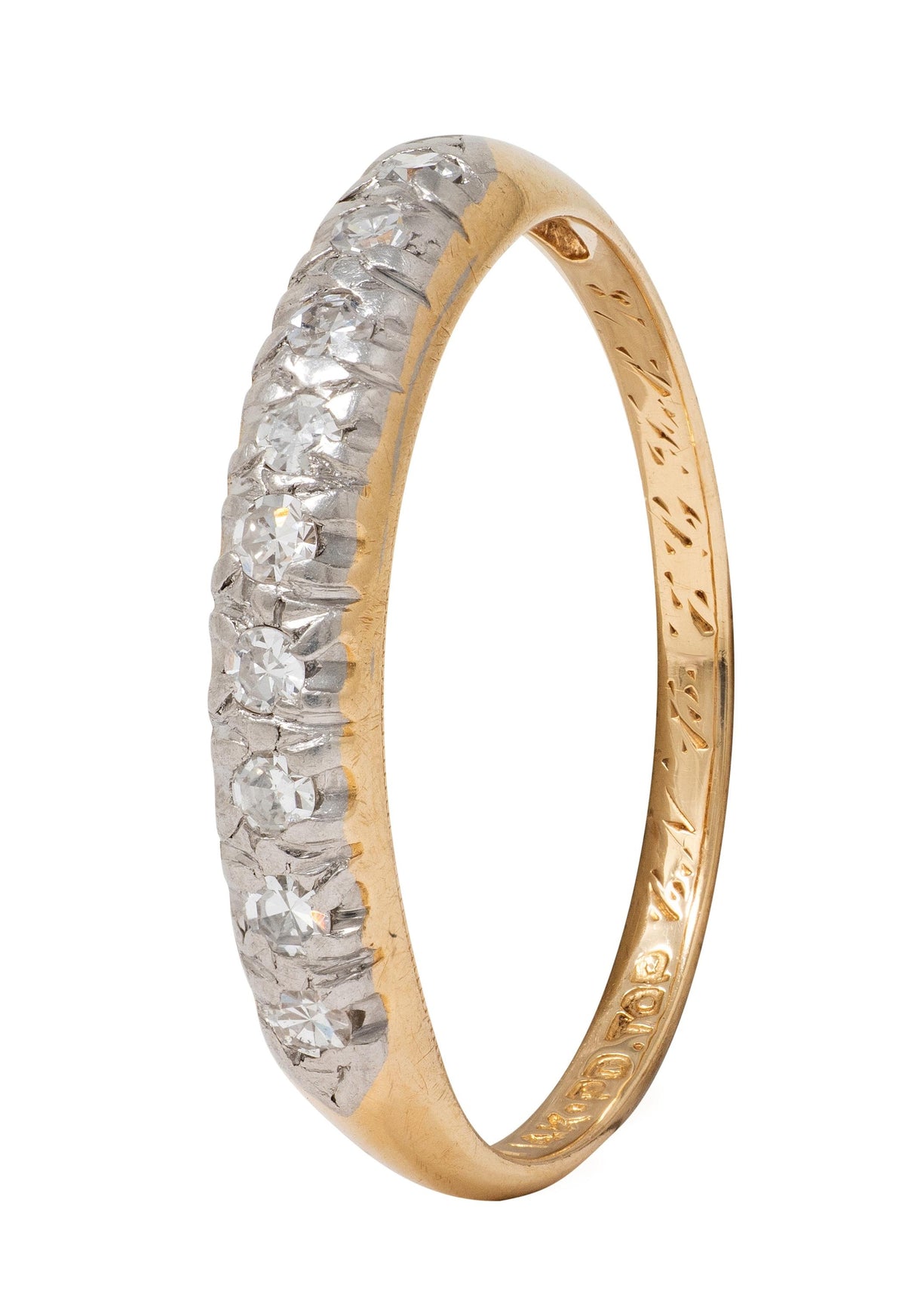 Mid-Century Diamond 14K Yellow Gold Platinum Vintage Fishtail Wedding Band Ring