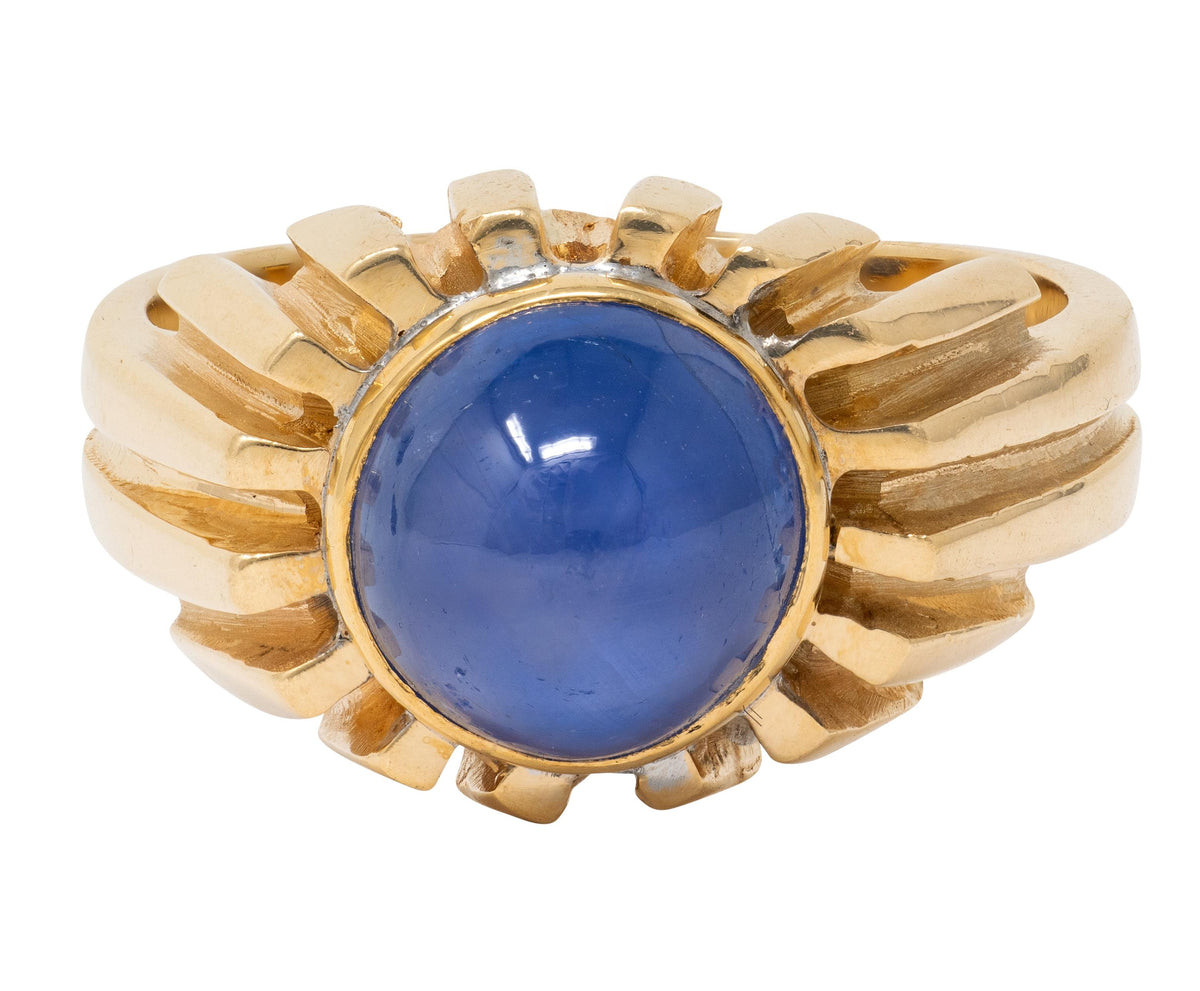 1980's 6.55 Carat Blue Sapphire 14 Karat Yellow Gold Vintage Grooved Unisex Ring